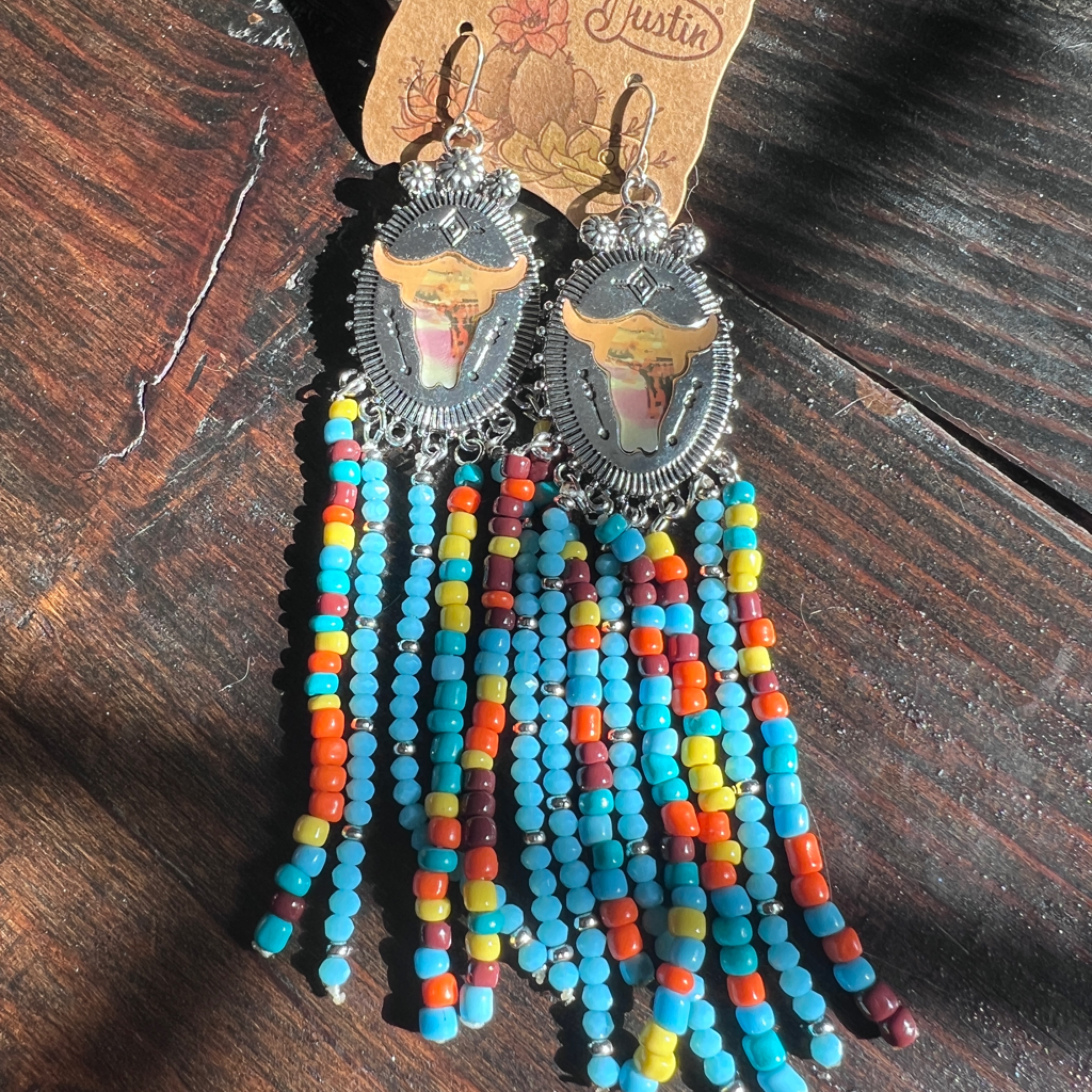 Justin Earrings New Western Beaded Fringe Dangle Silver Rodeo Cowgirl Large Nwt